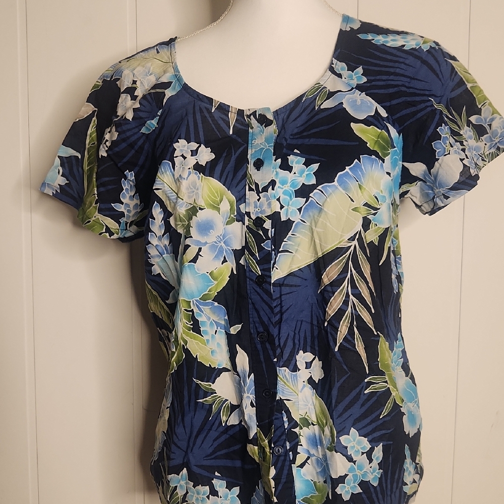 Caribbean Joe Navy Floral Button-Front Blouse with Blue & Green Print